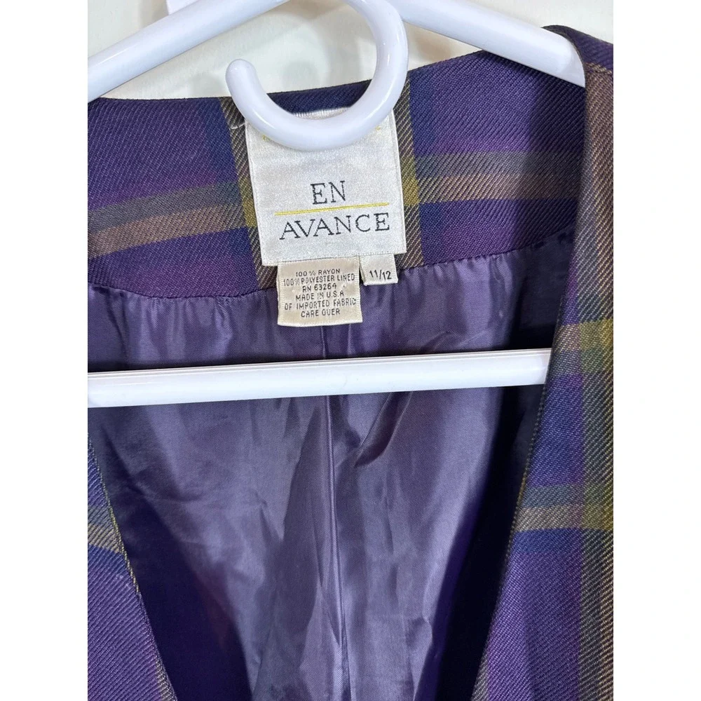 En Avance Vintage Blazer‎ Purple Plaid Rayon Women Size 11/12 Made in USA
